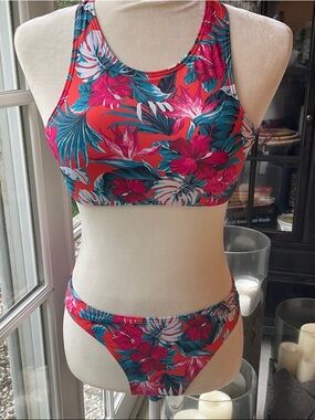 Floral High-Neck Bikini Set in Coral and Teal
